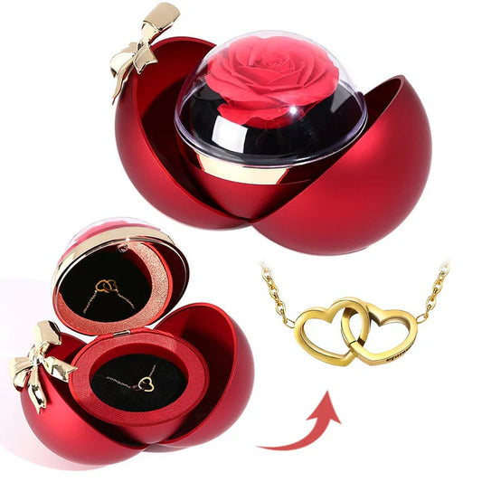 Coffret boule de roses avec collier double cœur gravé